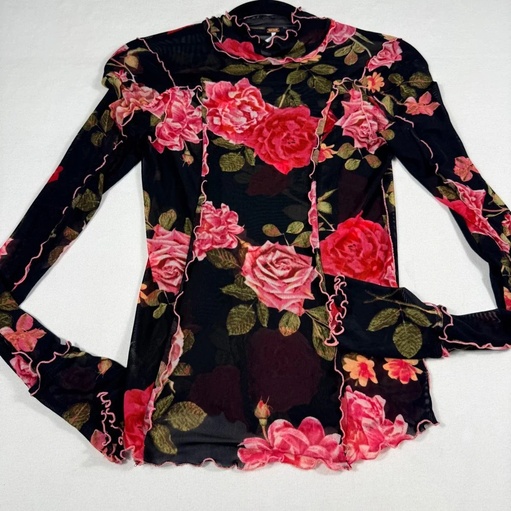 Free People Mesh Top S Black Red Floral Rose Sheer L/sleeve dark romancgoth